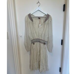 Gypsy Sins Romantic Blouson Midi Dress Cream Embroidered Tassel Size Large